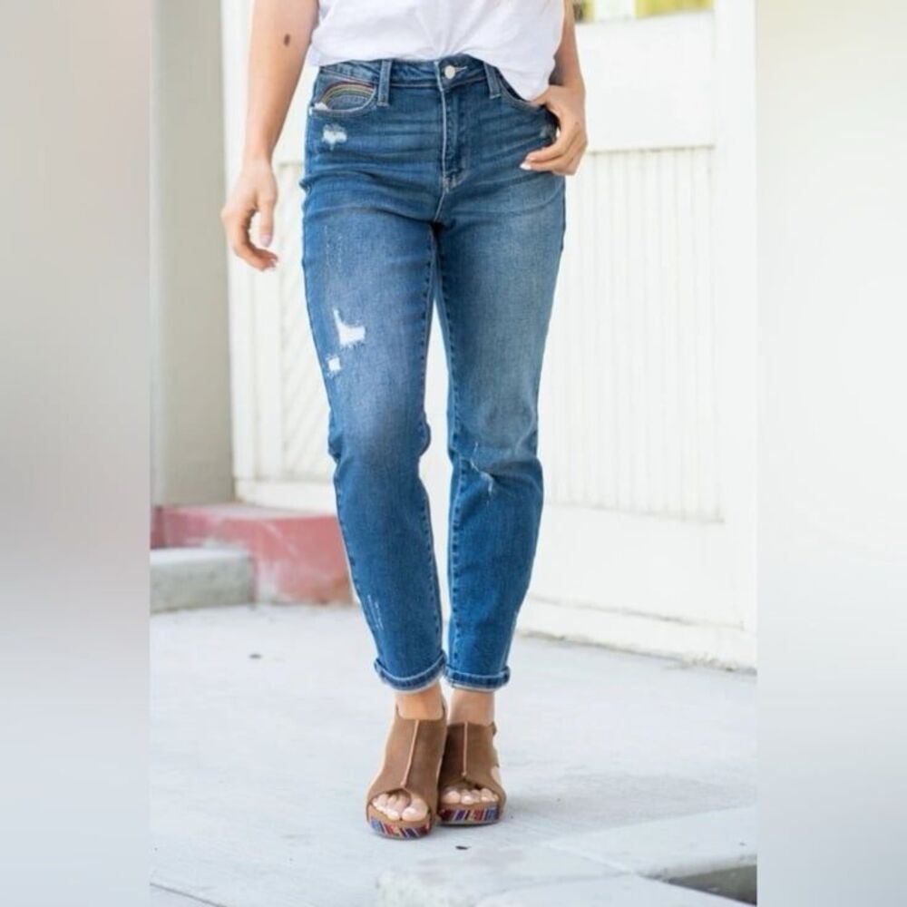 Judy Blue Rainbow Embroidered Straight Leg Distressed Jeans Size 26